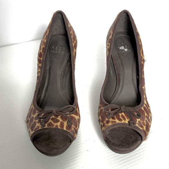 Alex Marie Cheetah Peep Toe Heels Pumps Brown Animal Calf Hair Bow Women’s 7.5 - Picture 2 of 8